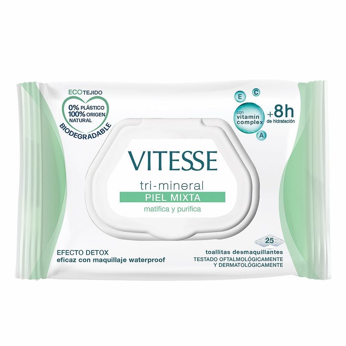 Bilde av Sminkefjerner våtservietter Vitesse Tri-Mineral Kombinert hud (25 enheter) - Kjøp Vitesse produkter online.