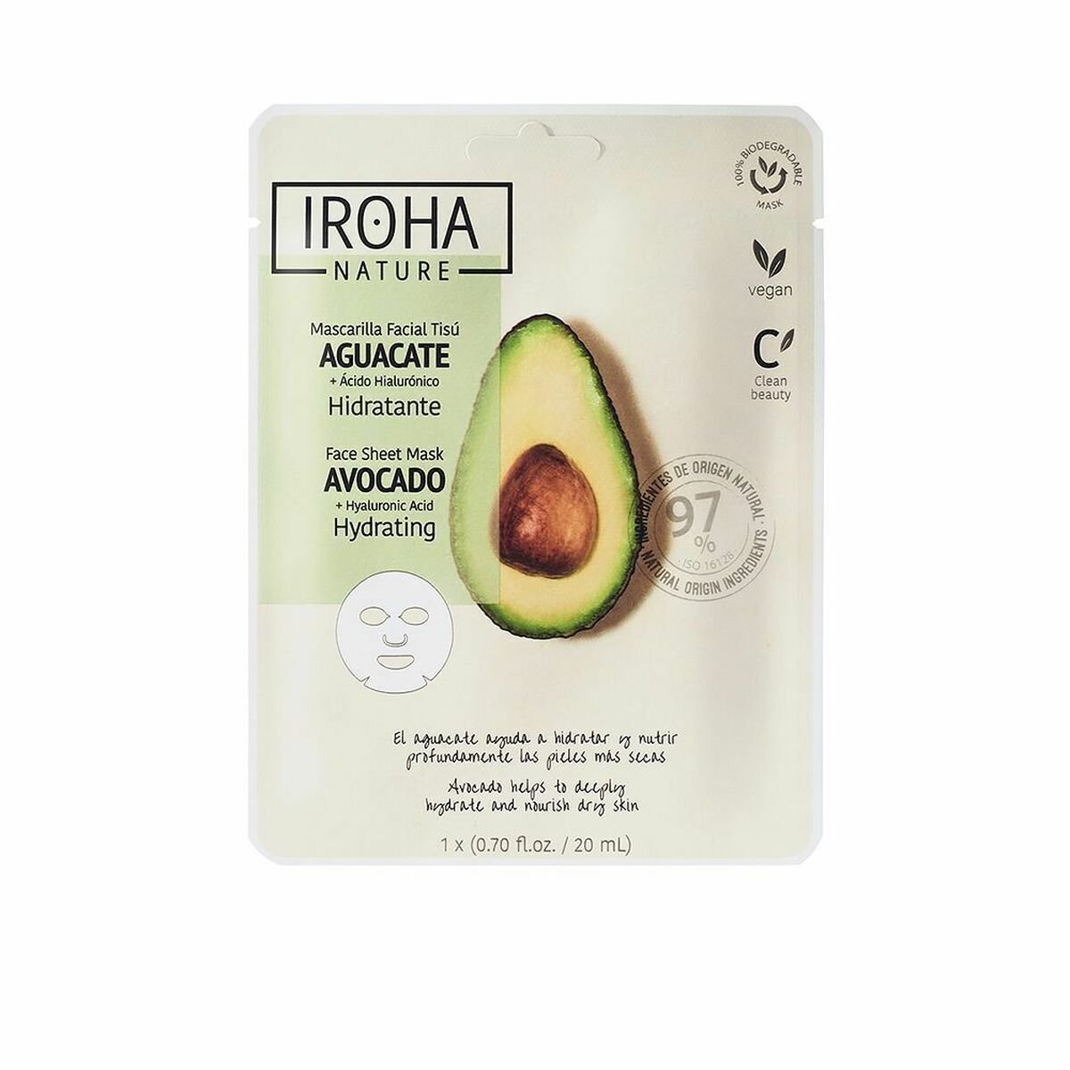 Bilde av Fuktighetsgiver Ansiktsmaske Iroha Nature Mask Avokado Hyaluronsyre (1 enheter) (20 ml) - Kjøp Iroha produkter online.